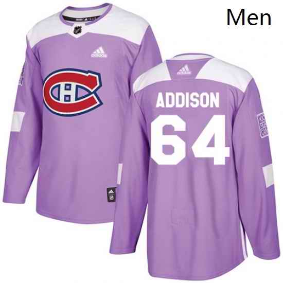 Mens Adidas Montreal Canadiens 64 Jeremiah Addison Authentic Purple Fights Cancer Practice NHL Jersey